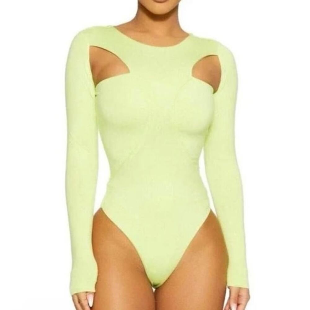Naked Wardrobe Bodysuit‎ Lime Green Long Sleeve Lined Cut Out Size XS NWT